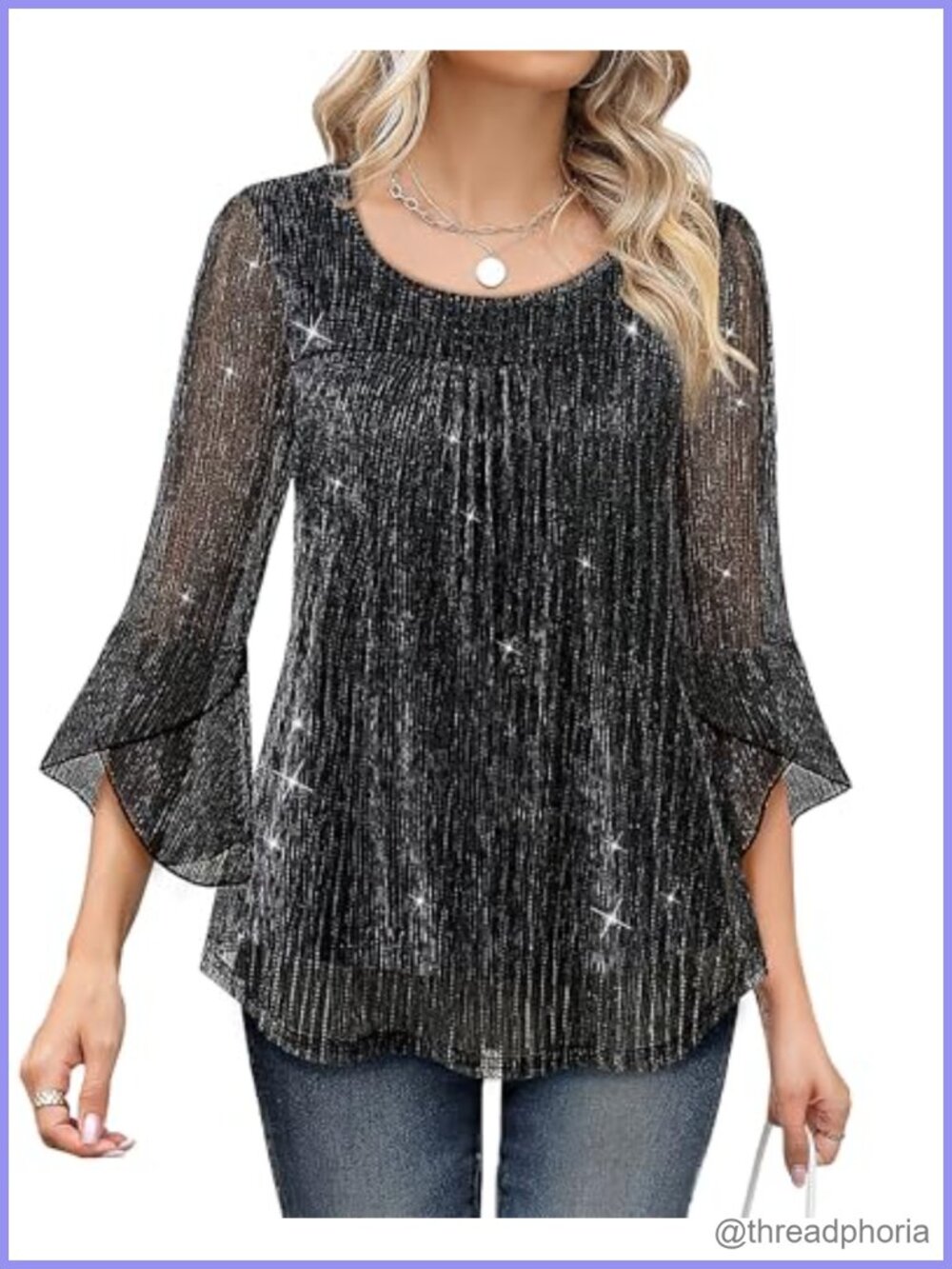 Womens Ruffle 3/4 Sleeve Mesh Tunic Blouse Crew Neck Dressy Top